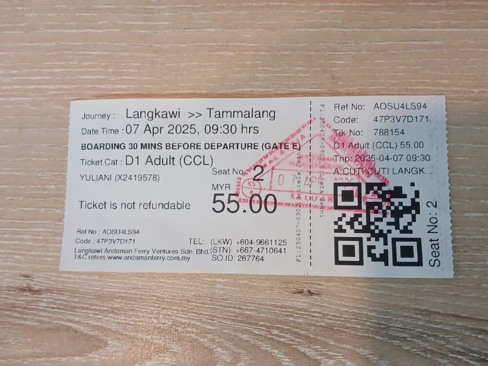 Example of a Langkawi to Satun ferry ticket purchased at Kuah Jetty