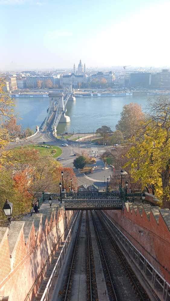 Buda Castle Funicular in Budapest, Hungary, transporting passengers up the hill from Clark Ádám Square to Buda Castle.