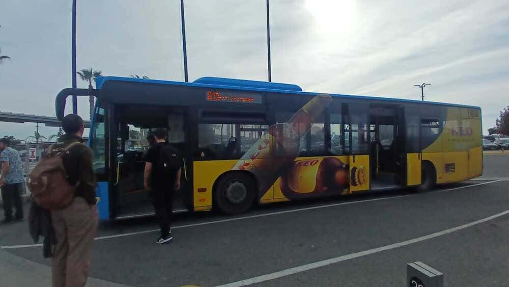 Paphos airport bus parked outside Paphos International Airport in Cyprus